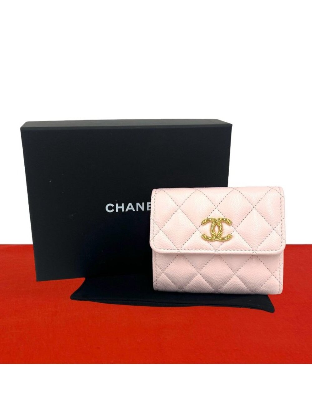 Chanel Quilted CC Logo Caviar Leather Trifold Wallet Pink